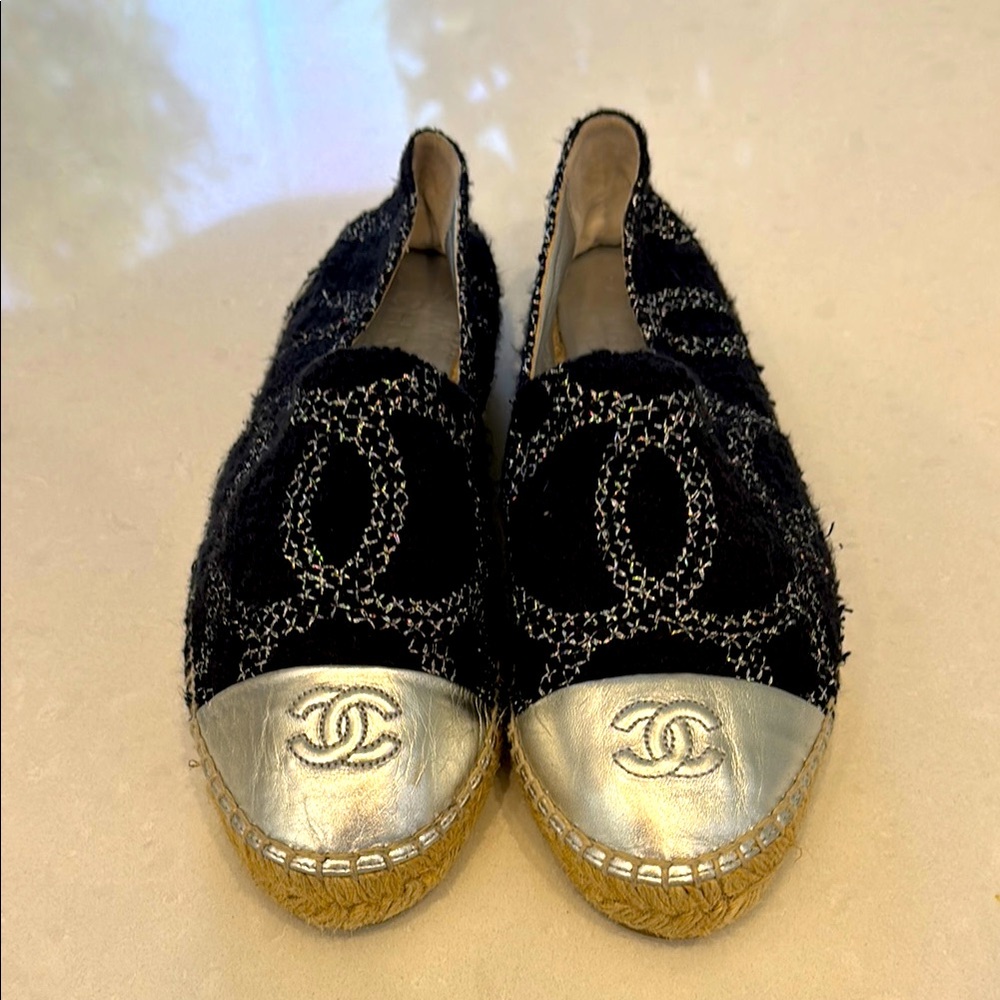 CHANEL Black and Silver Espadrilles with Iconic CC Logo